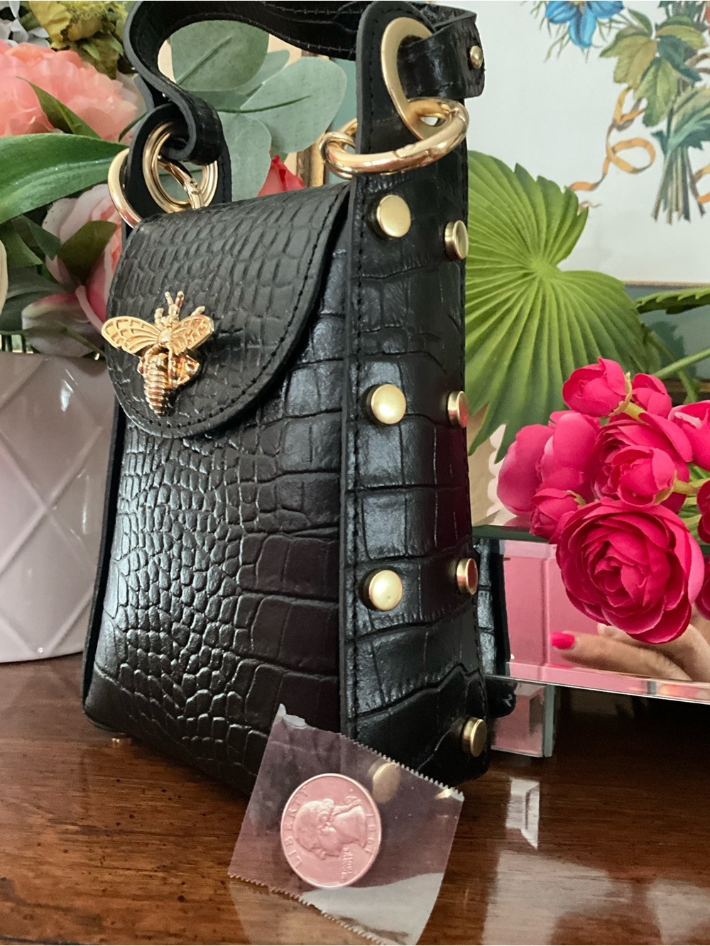 Bee accent mini bag Black Croc-Embossed vegan Leather  Top-Handle.  NWOT